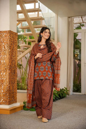 Rust Printed Cotton Blend Kurti Palazzo Set (ACA7585)