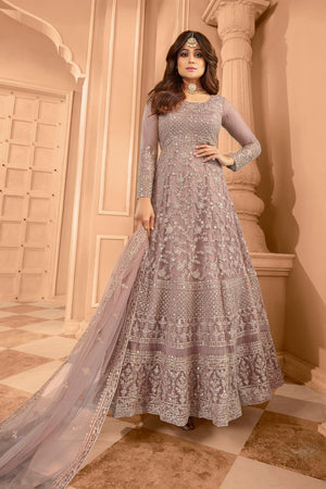 Mauve Sequin with Floral Embroiderd Net Anarkali Suit (ACA7586)