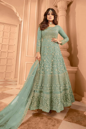 Green Sequin with Floral Embroiderd Net Anarkali Suit (ACA7589)