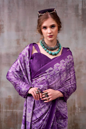 Purple Printed Satin Saree (ACA7598)