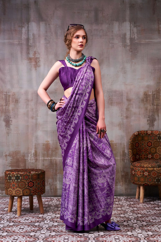 Purple Printed Satin Saree (ACA7598)