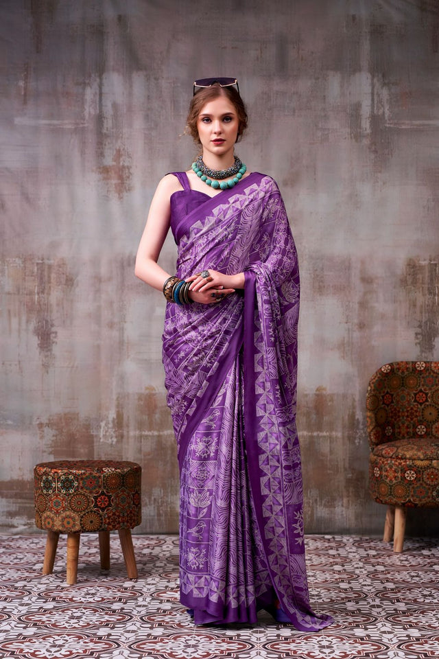 Purple Printed Satin Saree (ACA7598)