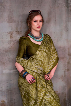 Mehendi Printed Satin Saree (ACA7599)
