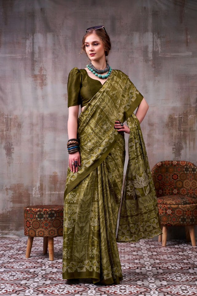 Mehendi Printed Satin Saree (ACA7599)