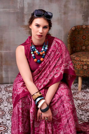 Maroon Printed Satin Saree (ACA7600)