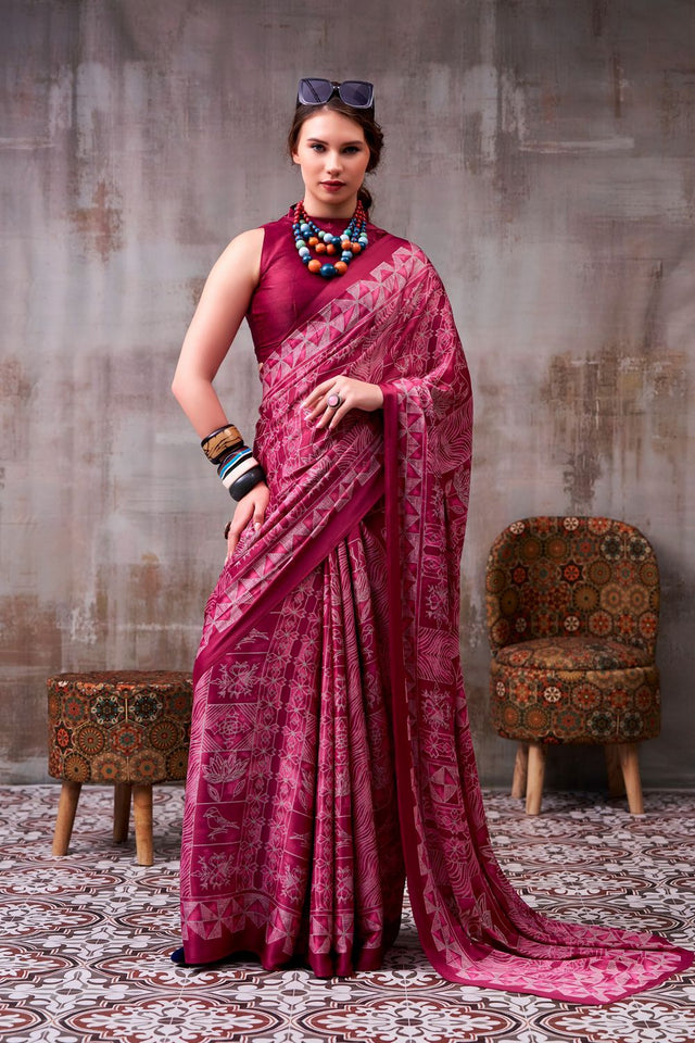 Maroon Printed Satin Saree (ACA7600)