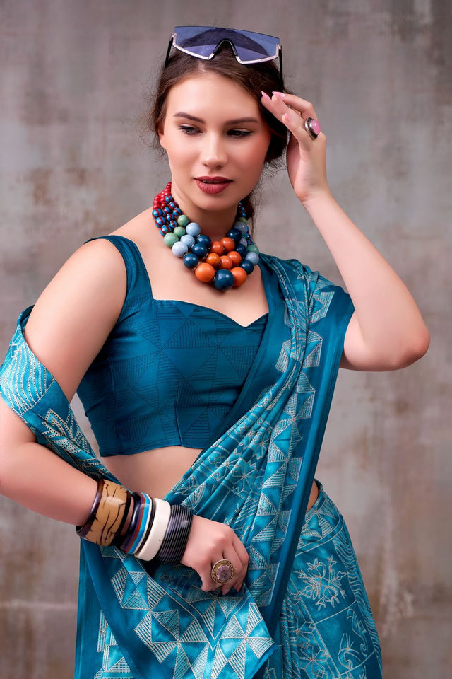 Turquoise Printed Satin Saree (ACA7601)