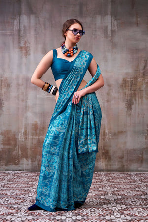 Turquoise Printed Satin Saree (ACA7601)