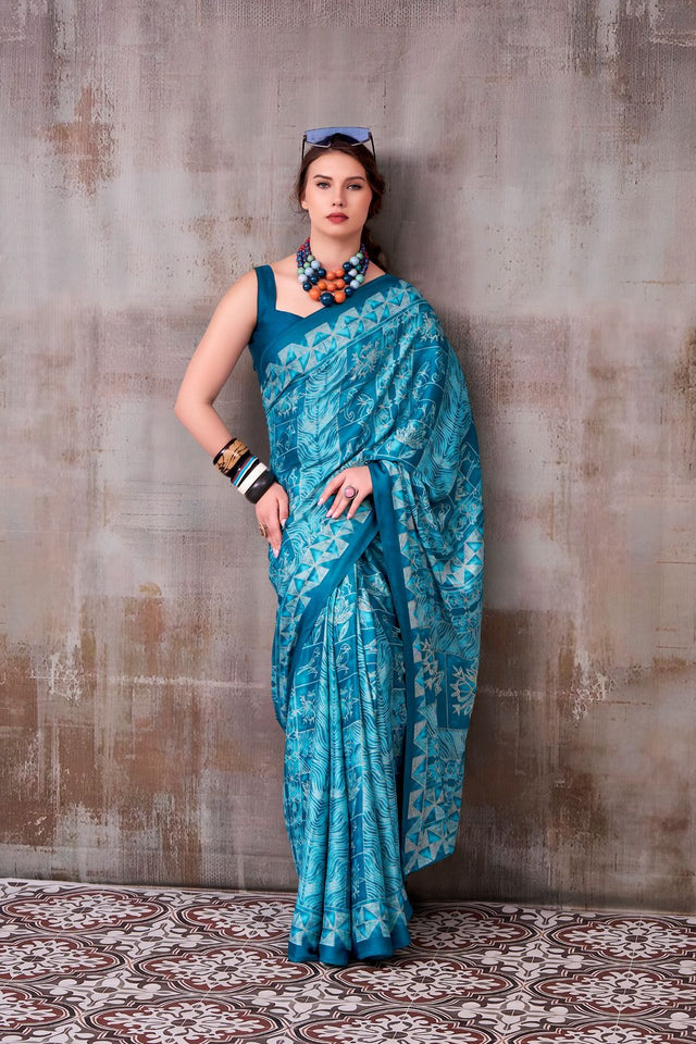 Turquoise Printed Satin Saree (ACA7601)