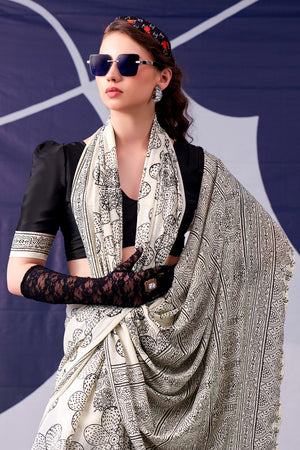 Black Printed Satin Saree (ACA7602)