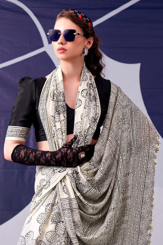 Black Printed Satin Saree (ACA7602)