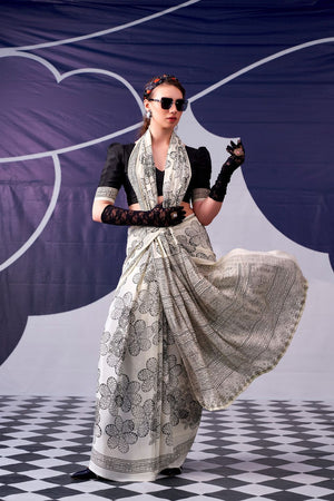 Black Printed Satin Saree (ACA7602)
