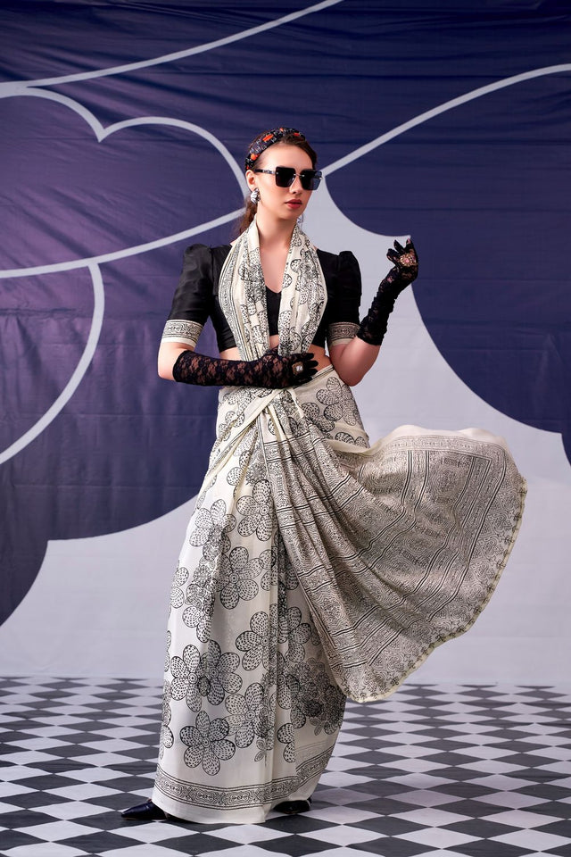Black Printed Satin Saree (ACA7602)