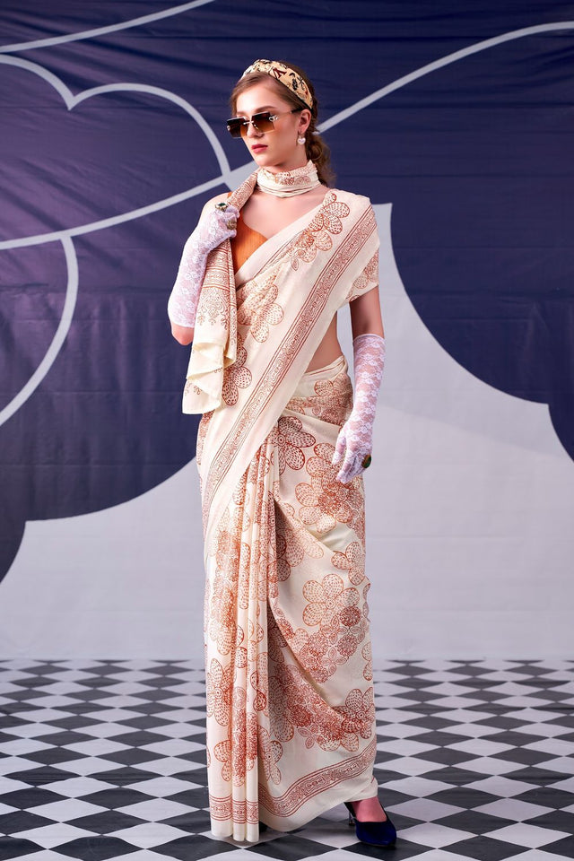 Peach Printed Satin Saree (ACA7604)