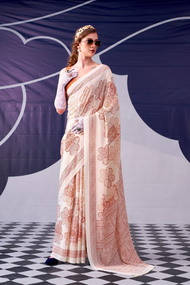 Peach Printed Satin Saree (ACA7604)