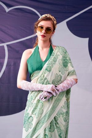 Green Printed Satin Saree (ACA7605)