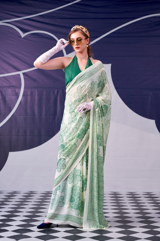 Green Printed Satin Saree (ACA7605)