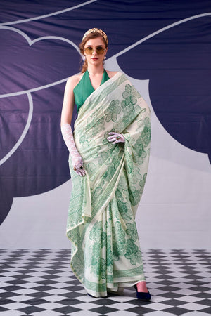Green Printed Satin Saree (ACA7605)