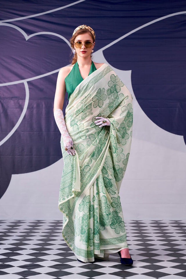 Green Printed Satin Saree (ACA7605)