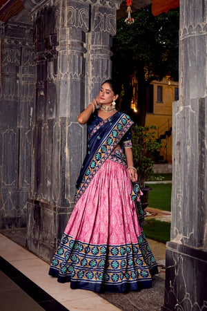 Pink Ikkat Printed Silk Blend Lehenga (ACA7619)