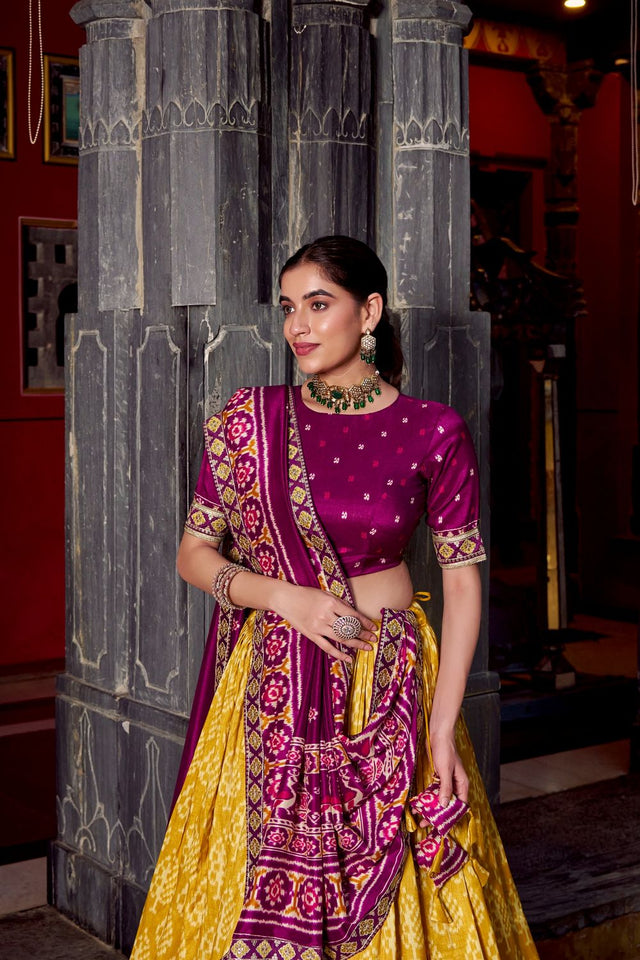 Mustard Ikkat Printed Silk Blend Lehenga (ACA7620)