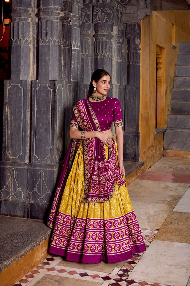Mustard Ikkat Printed Silk Blend Lehenga (ACA7620)
