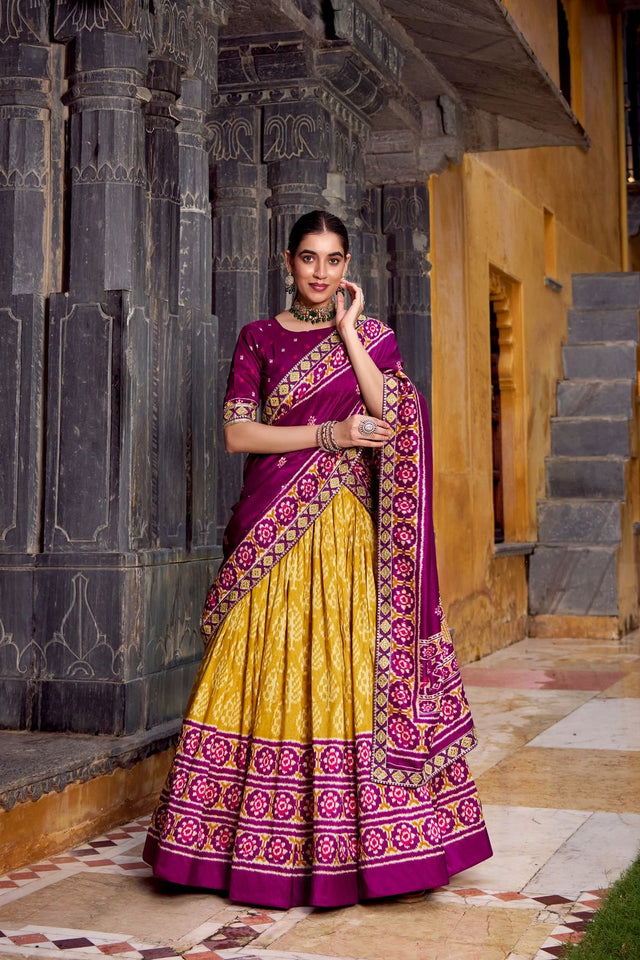 Mustard Ikkat Printed Silk Blend Lehenga (ACA7620)