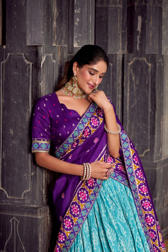 Sea Green Ikkat Printed Silk Blend Lehenga (ACA7621)