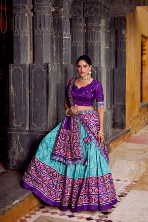 Sea Green Ikkat Printed Silk Blend Lehenga (ACA7621)