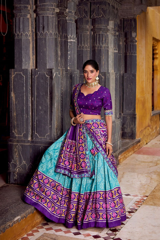 Sea Green Ikkat Printed Silk Blend Lehenga (ACA7621)