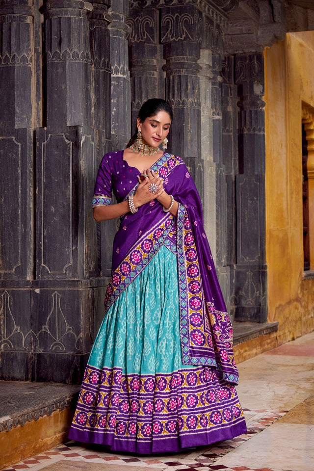 Sea Green Ikkat Printed Silk Blend Lehenga (ACA7621)
