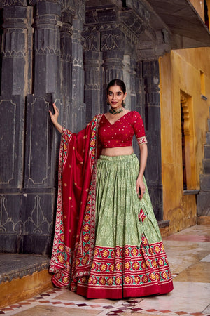 Green Ikkat Printed Silk Blend Lehenga (ACA7622)