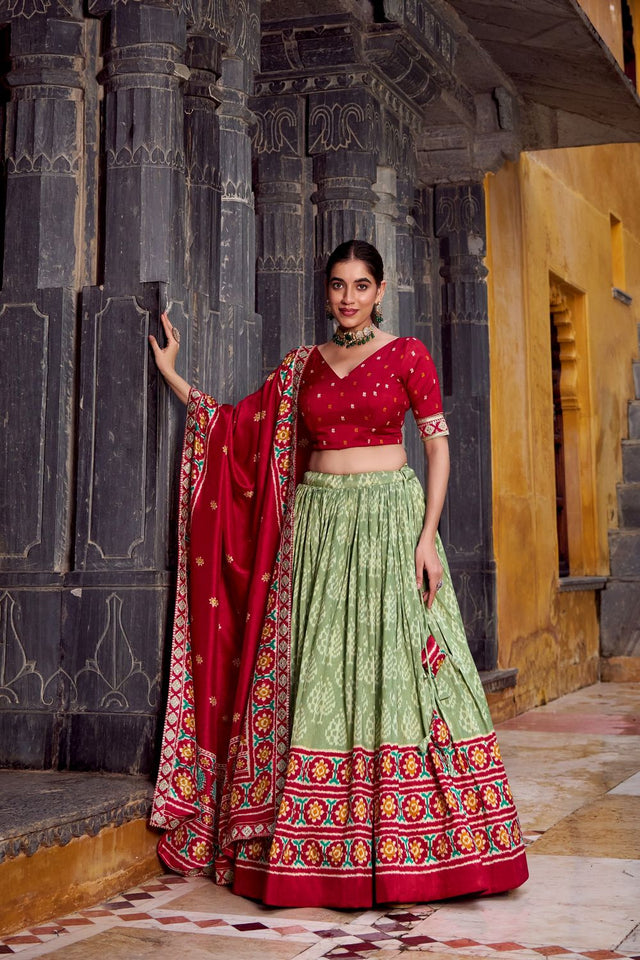Green Ikkat Printed Silk Blend Lehenga (ACA7622)