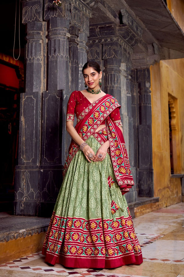 Green Ikkat Printed Silk Blend Lehenga (ACA7622)