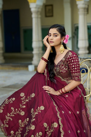 Maroon Floral Embroidered Silk Lehenga (ACA7623)