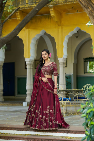 Maroon Floral Embroidered Silk Lehenga (ACA7623)