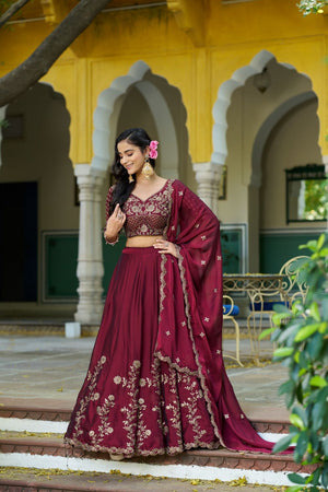 Maroon Floral Embroidered Silk Lehenga (ACA7623)
