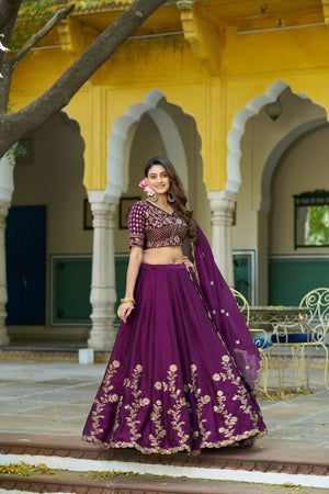 Violet Floral Embroidered Silk Lehenga (ACA7624)