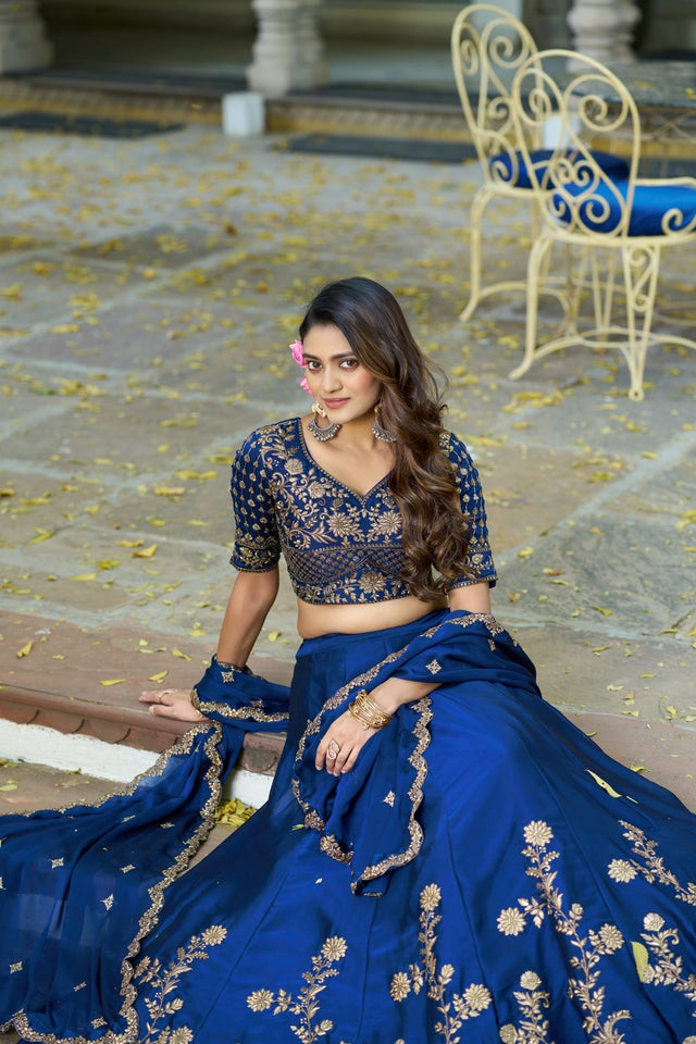 Blue Floral Embroidered Silk Lehenga (ACA7625)