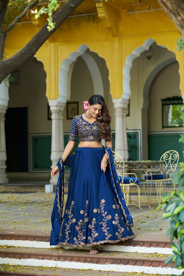 Blue Floral Embroidered Silk Lehenga (ACA7625)