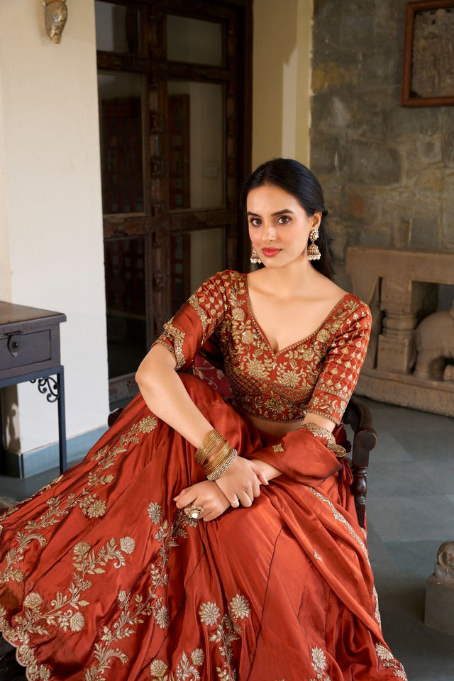 Rust Floral Embroidered Silk Lehenga (ACA7626)