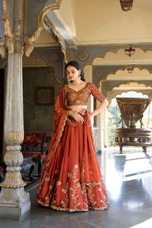 Rust Floral Embroidered Silk Lehenga (ACA7626)