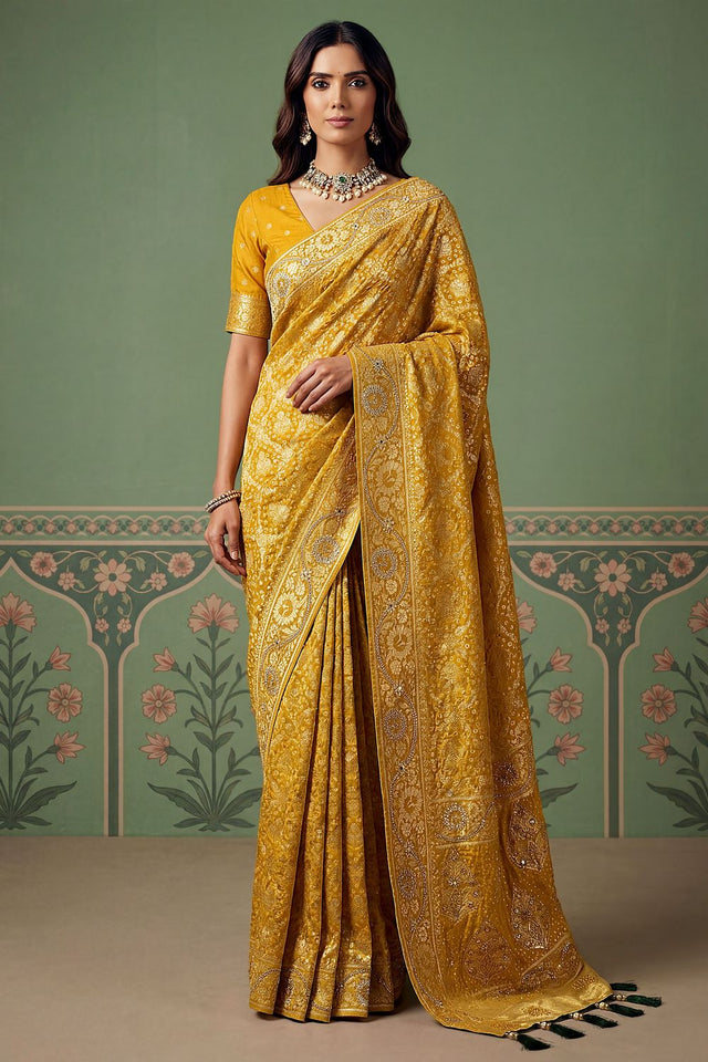 Mustard Floral Woven Silk Saree (ACA7631)