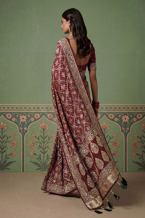 Wine Floral Woven Silk Saree (ACA7632)