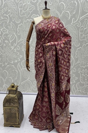 Wine Floral Woven Silk Saree (ACA7632)