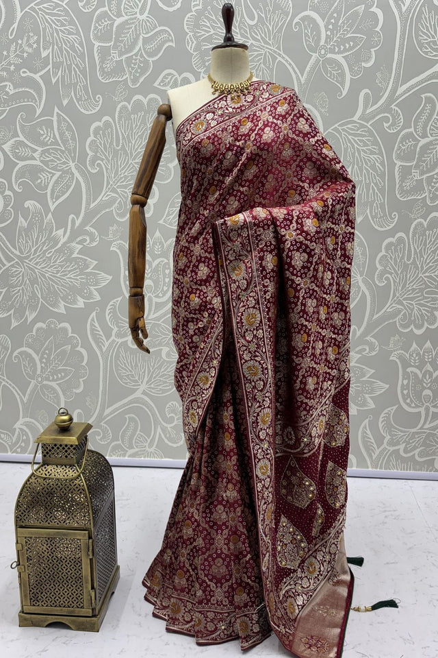 Wine Floral Woven Silk Saree (ACA7632)