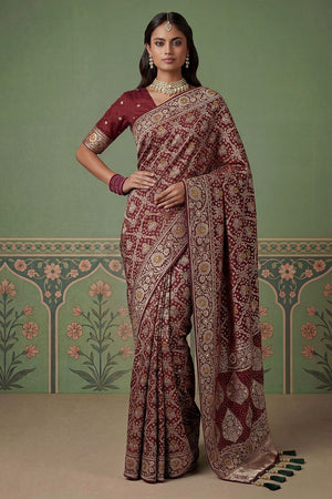 Wine Floral Woven Silk Saree (ACA7632)