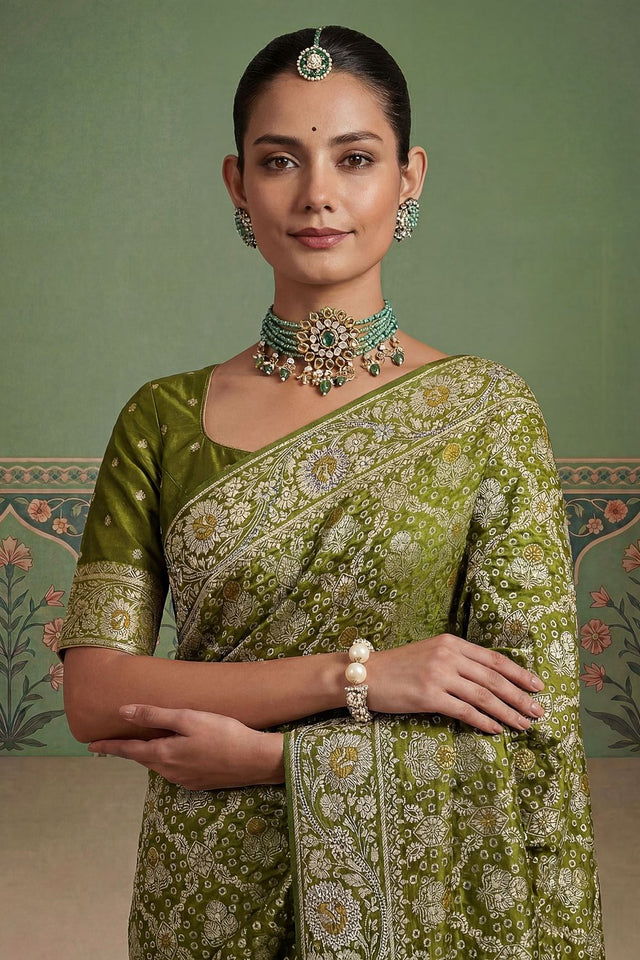 Mehendi Floral Woven Silk Saree (ACA7633)