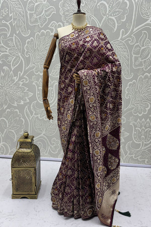 Violet Floral Woven Silk Saree (ACA7634)