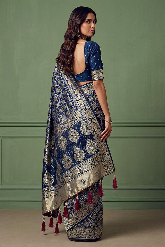 Blue Floral Woven Silk Saree (ACA7635)